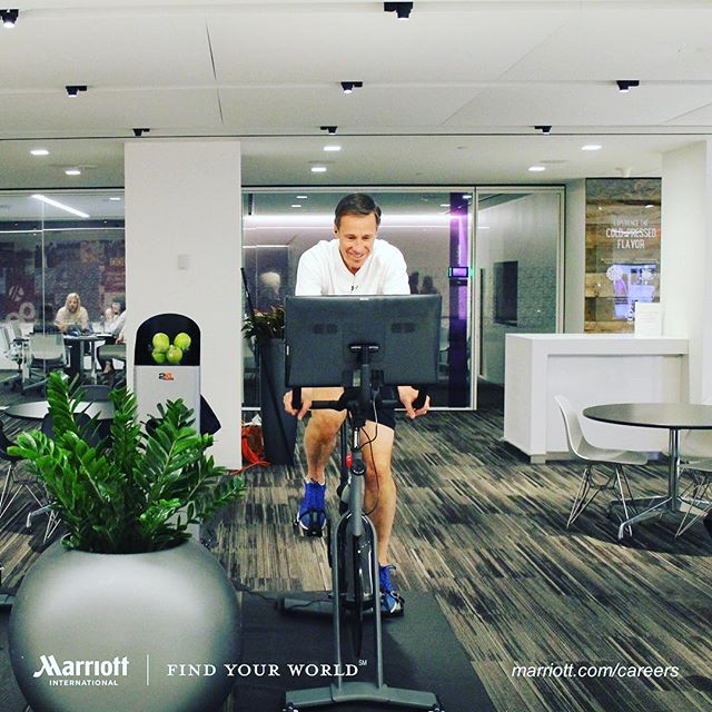 To celebrate @Westin and @PelotonCycle's new partnership, the team brought a few bikes to @MarriottIntl HQ for associates to experience a motivating on-demand cycling class at their fingertips. Check out CEO Arne Sorenson giving them a spin.