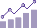 ícone de gráfico de barras roxo com crescimento positivo