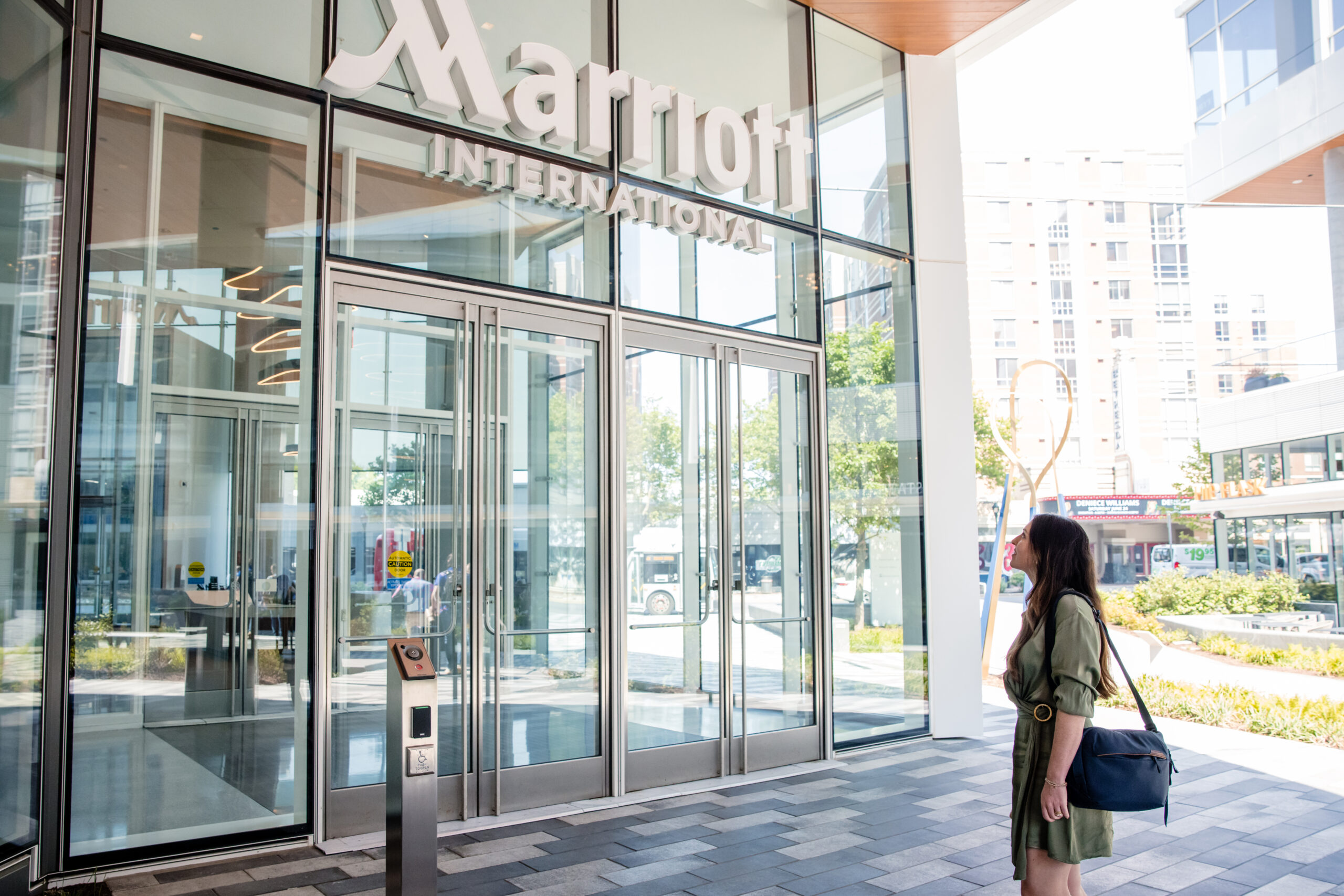 associate looking at the exterior of the marriott corporate headquarters building in downtown Bethesda, maryland